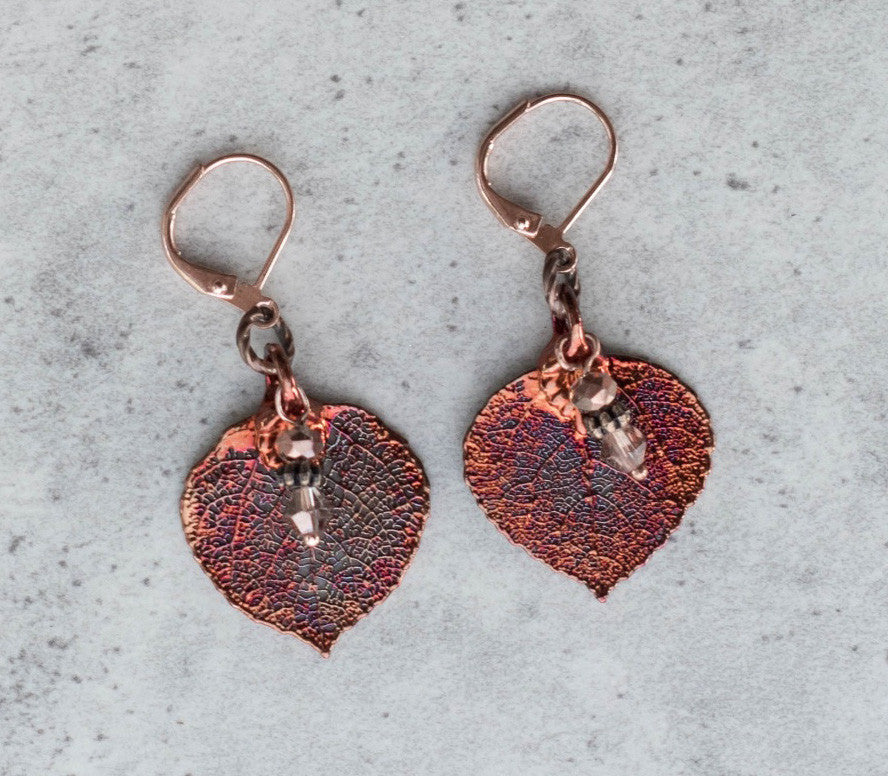 Copper earrings: Our classic copper leaf earrings with crystal dangles complete with hinge hardware.