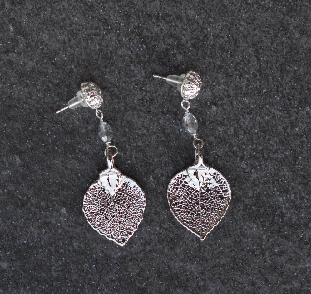 Silver earrings: Silver leaves with a delicate lace post