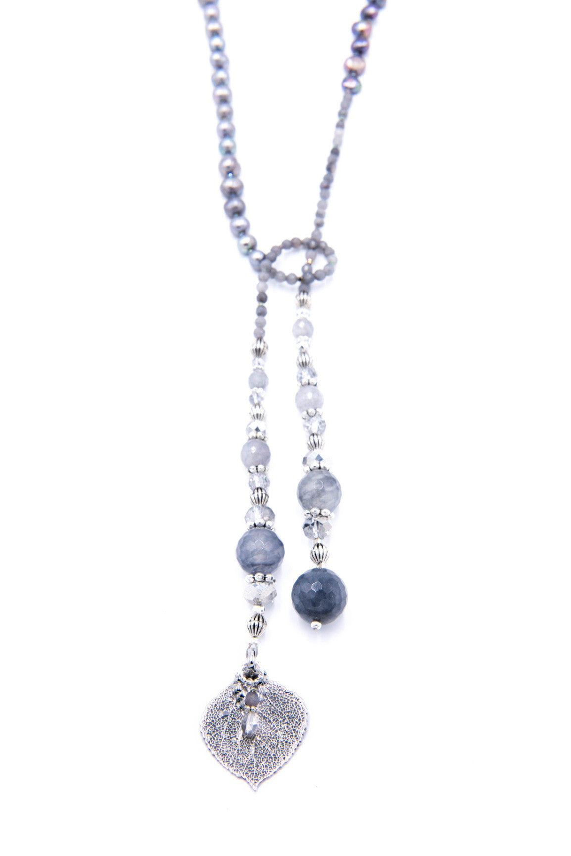 Silver leaf lariat grey quartz freshwater peacock pearls necklace