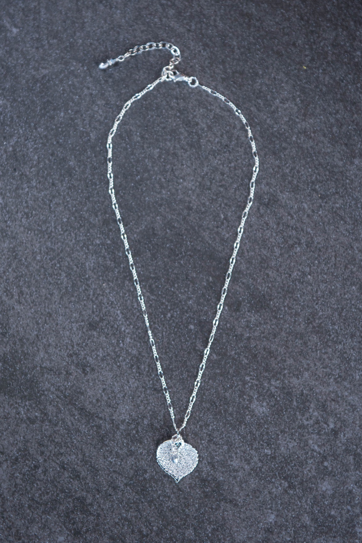 Classic silver chain necklace with a small Silver leaf & crystal dangle