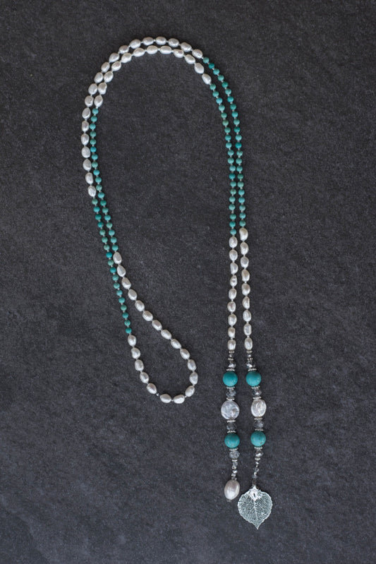 Silver leaf lariat, Turquoise & white Freshwater pearls