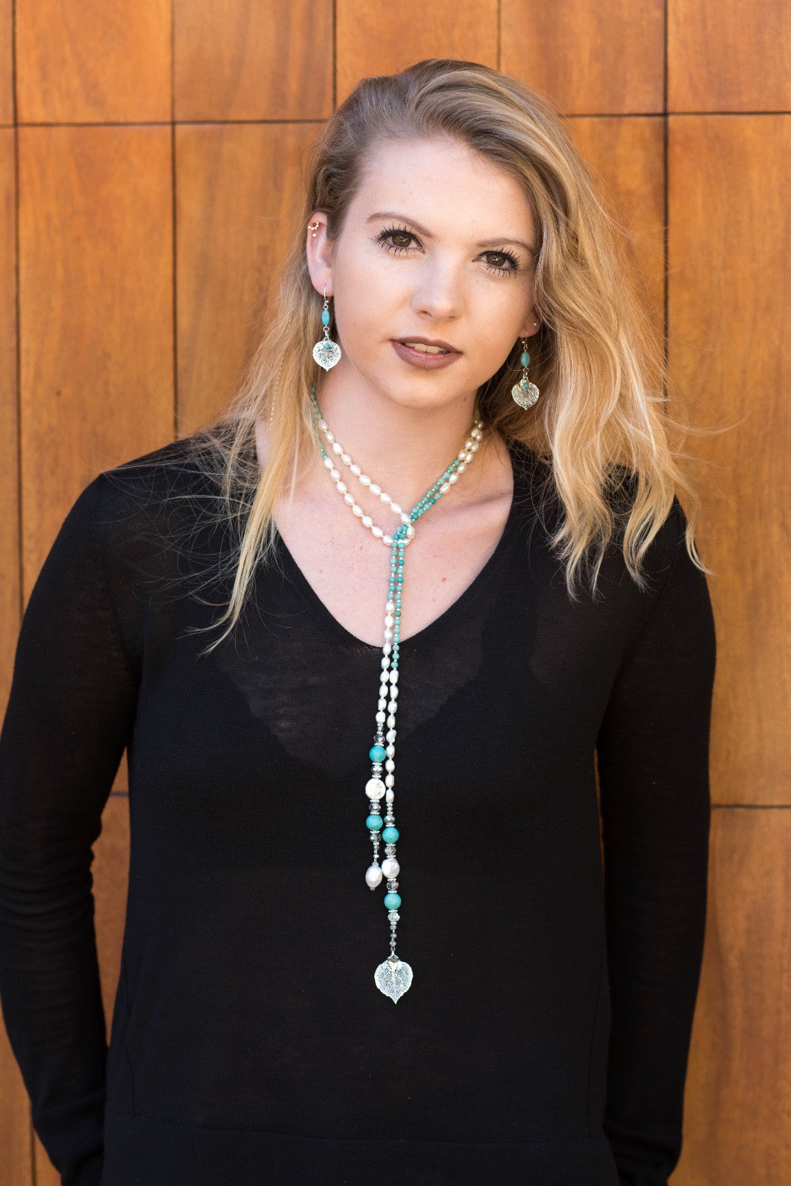 Silver leaf lariat, Turquoise & white Freshwater pearls