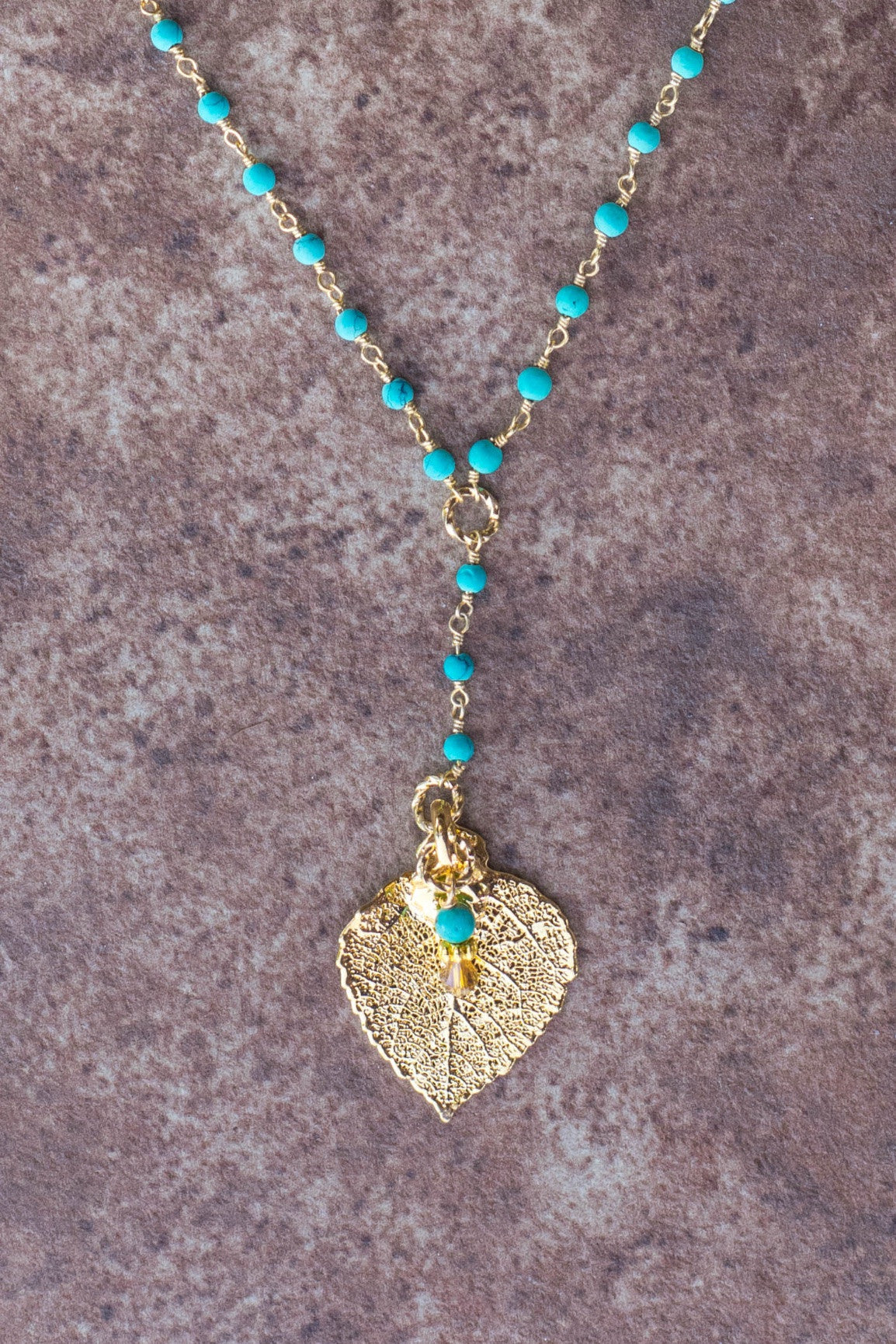 Gold leaf & Turquoise dramatic Y style necklace