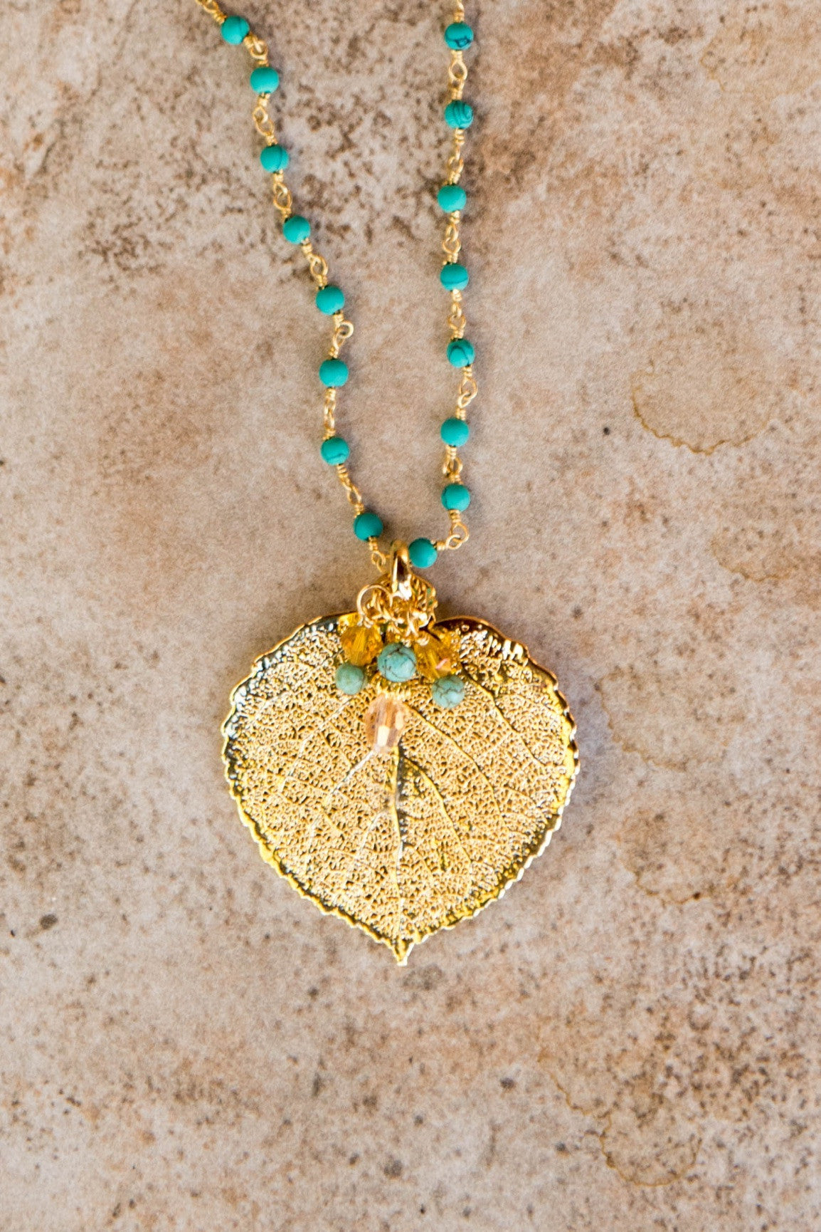 Gold leaf &Turquoise longer length necklace