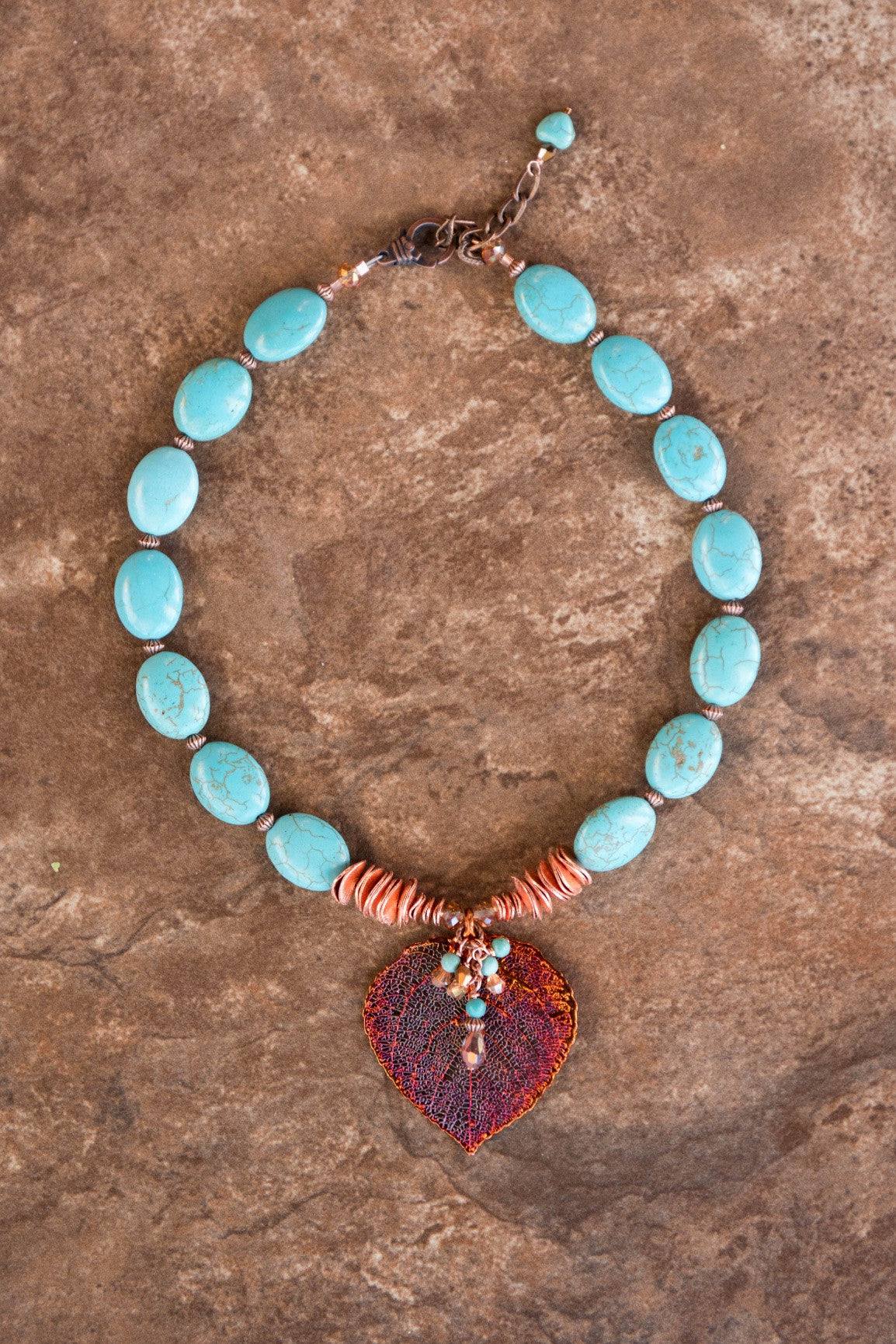 Copper leaf & Turquoise disc choker necklace