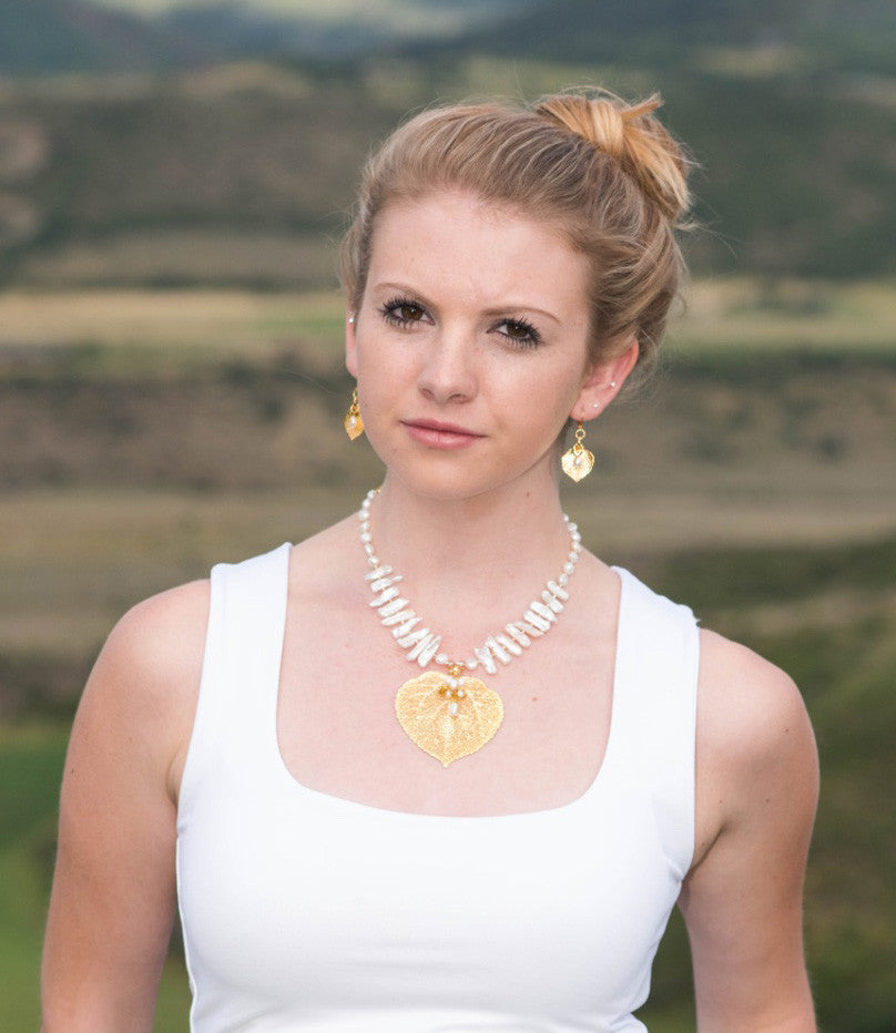 White freshwater stick pearls:  Dramatic choker necklace highlighting the Gold Aspen leaf and pearl /crystal dangles