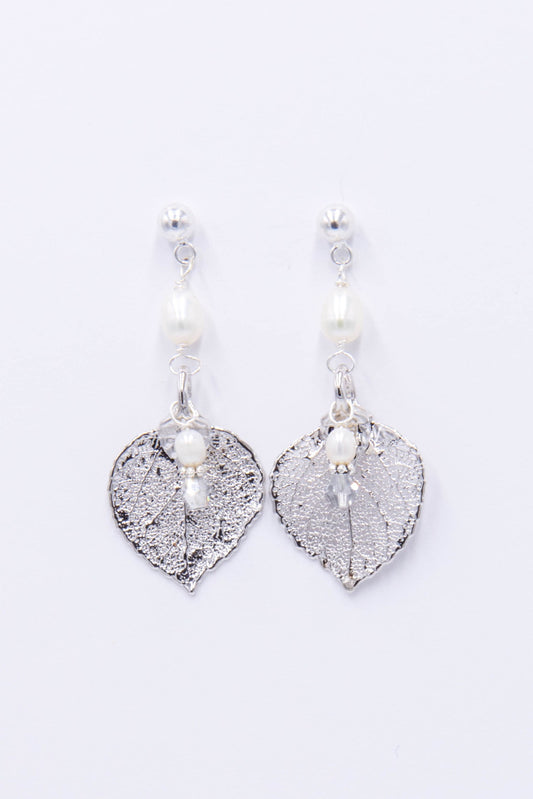 Silver leaf, white freshwater pearl post earring