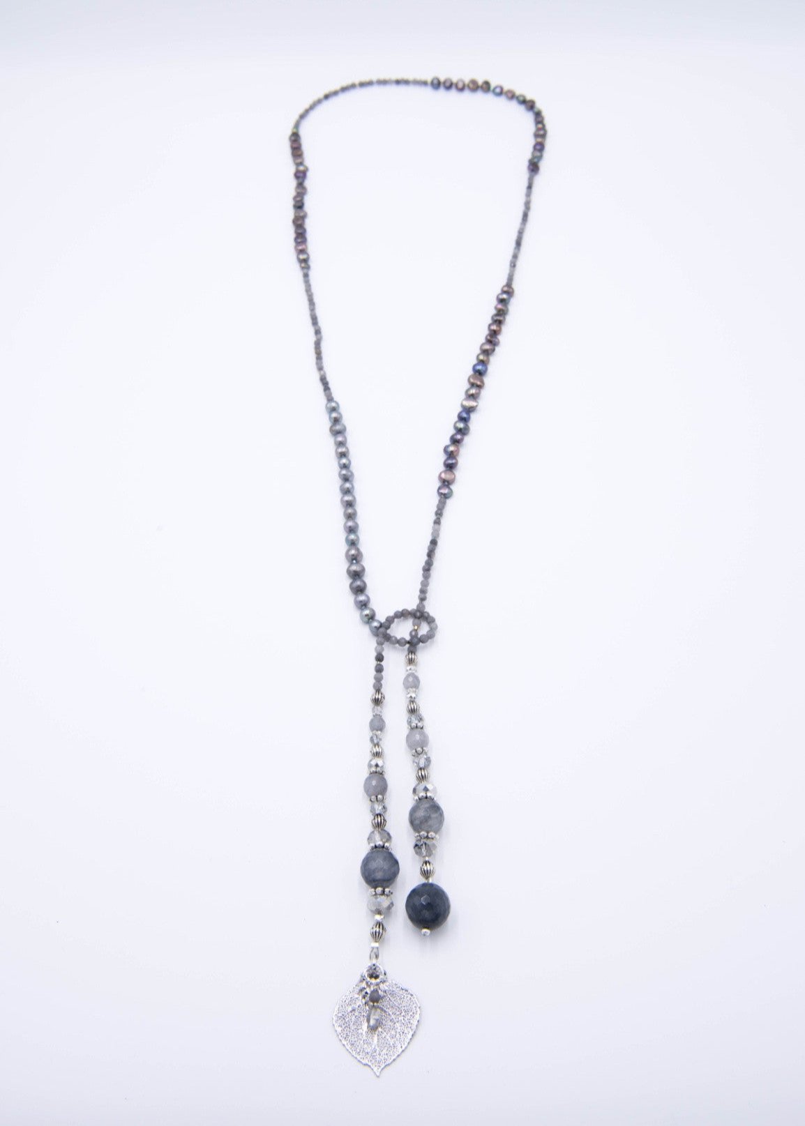 Silver leaf lariat grey quartz freshwater peacock pearls necklace