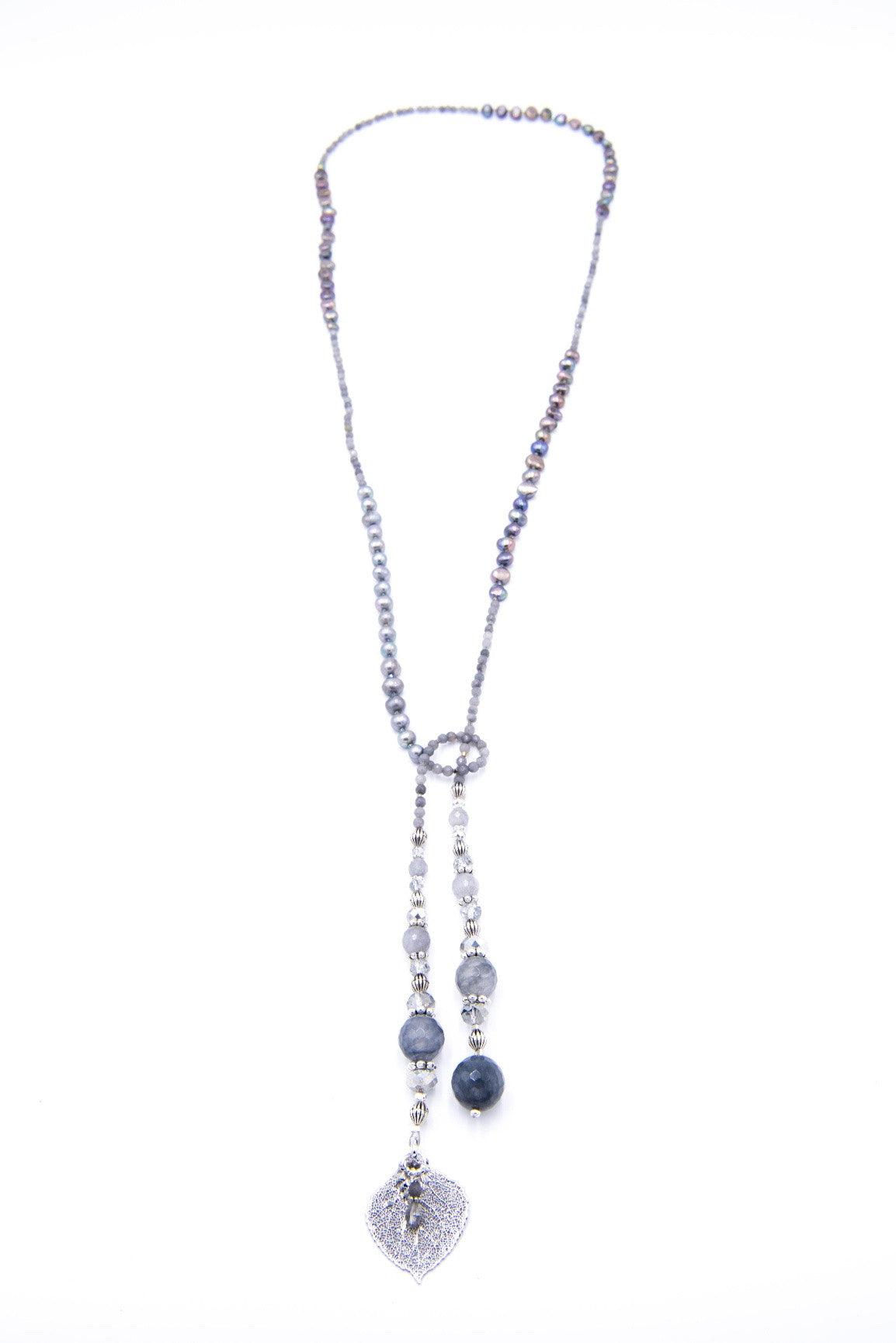 Silver leaf lariat grey quartz freshwater peacock pearls necklace