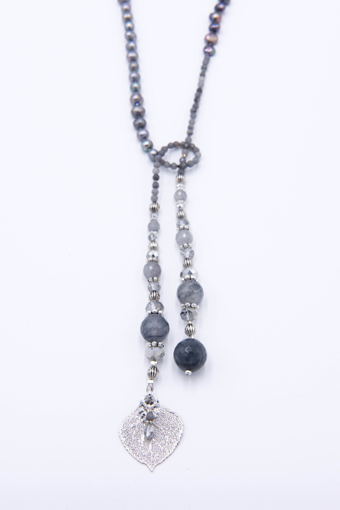 Silver leaf lariat grey quartz freshwater peacock pearls necklace