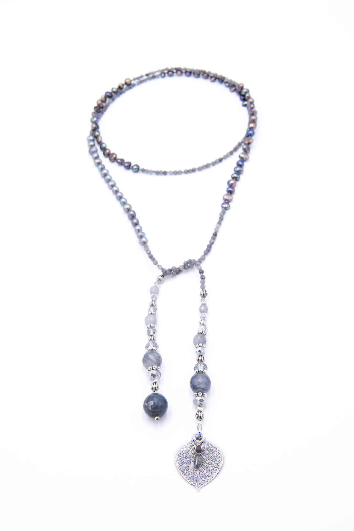 Silver leaf lariat grey quartz freshwater peacock pearls necklace