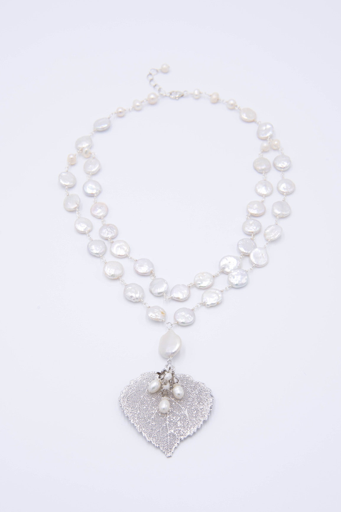 Silver leaf double strand choker with white freshwater and coin pearls