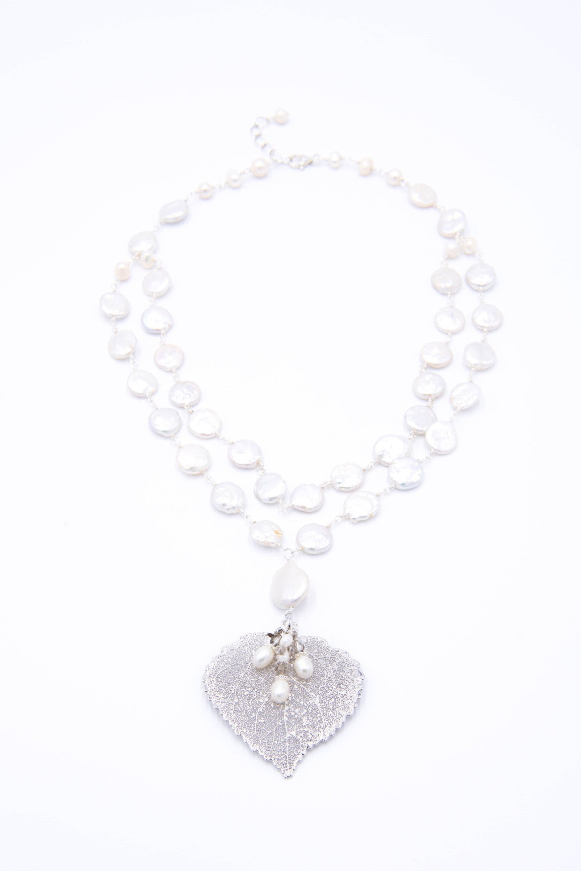 Silver leaf double strand choker with white freshwater and coin pearls