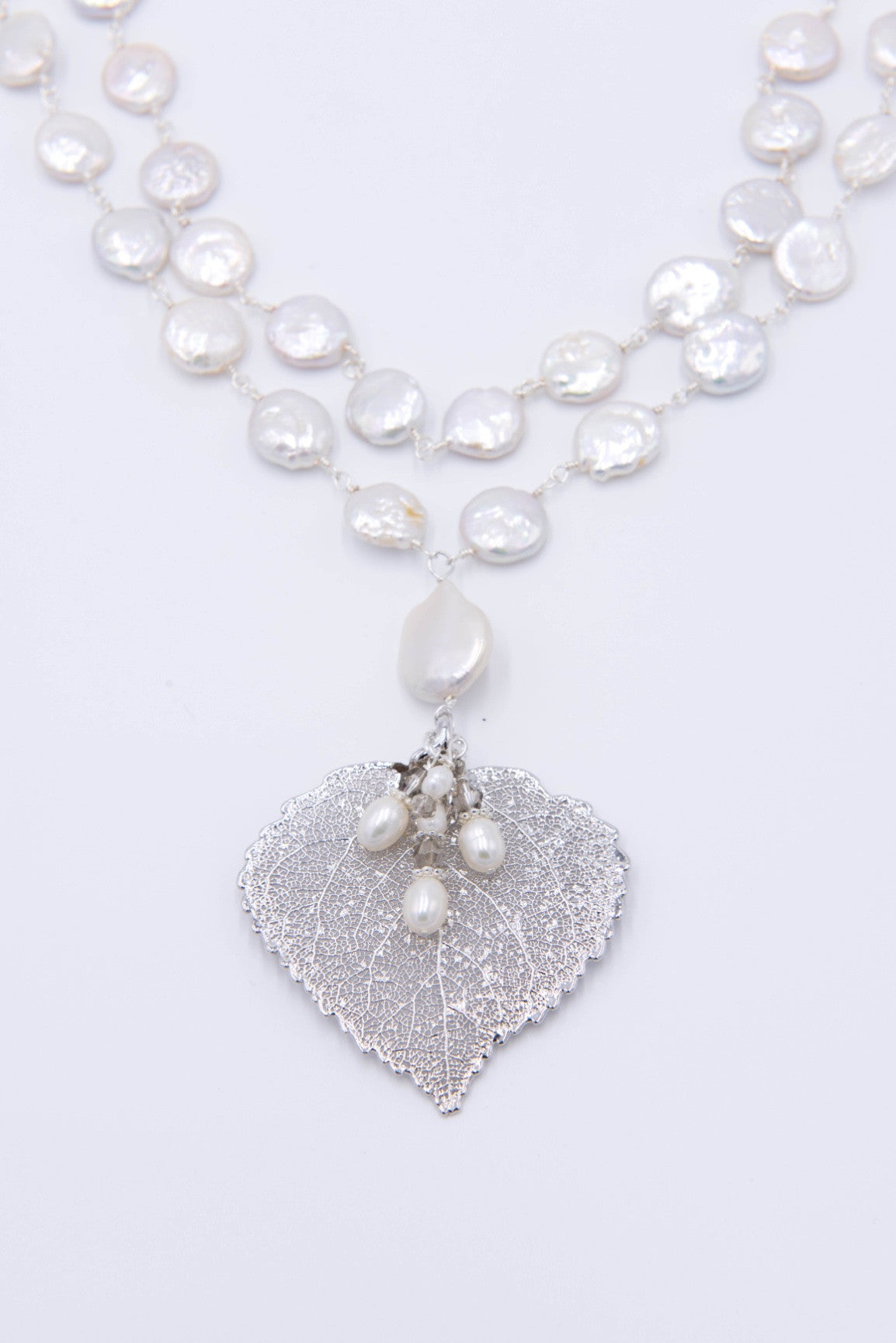 Silver leaf double strand choker with white freshwater and coin pearls