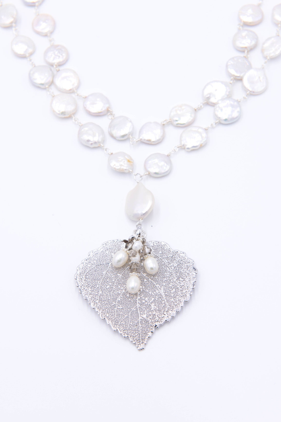 Silver leaf double strand choker with white freshwater and coin pearls