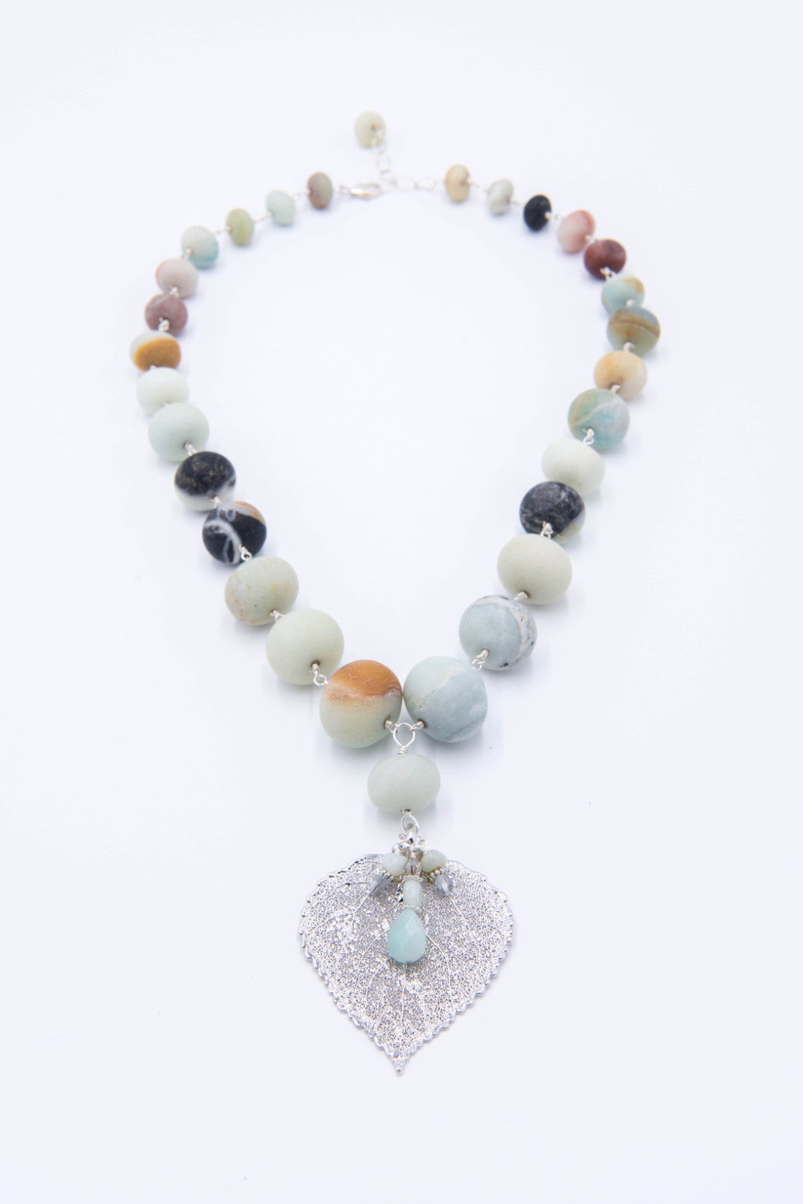 Silver leaf with dangle and amazonite large gems choker necklace