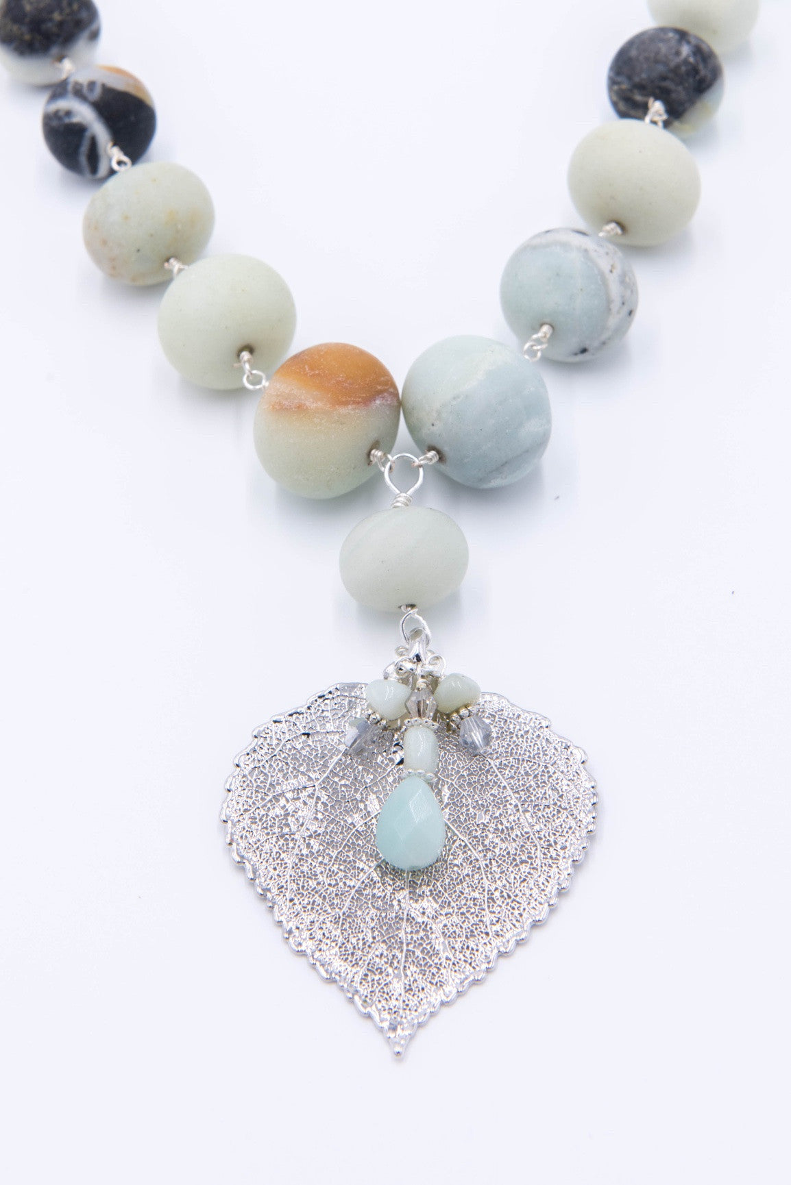 Silver leaf with dangle and amazonite large gems choker necklace